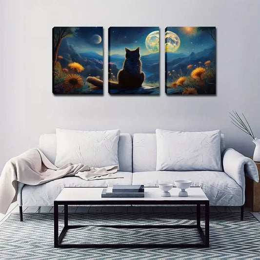 3pcs Black Cat Back, Moon, Wall Art Set Canvas Framed 40x60cm - High Quality Print 100% Australian Made Wall Canvas Ready to Hang