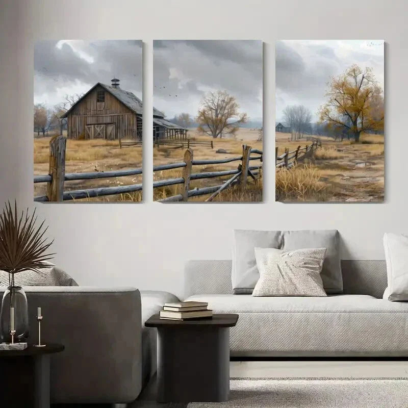 3pcs Rustic Farmhouse Autumn Landscape Serene Metal Print Ready to Hang Art