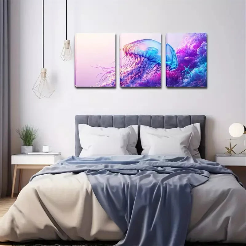 3pcs Colorful, Elf-Clear Jellyfish, Pigment Wall Art Set Canvas Framed 40x60cm - High Quality Print 100% Australian Made Wall Canvas Ready to Hang