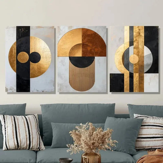3pcs Golden Black Geometric Abstract Metal Print Ready to Hang Art