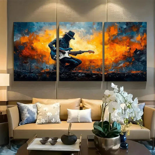 3pcs Vibrant Musician Design with Electric Guitar Metal Print Ready to Hang Art