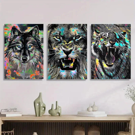 3pcs Vibrant wildlife art, angry animals Metal Print Ready to Hang Art