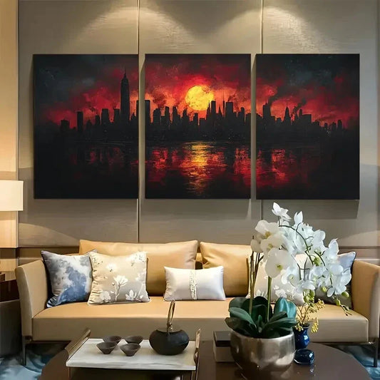3pcs Cityscape Silhouette Abstract Urban Skyline Metal Print Ready to Hang Art