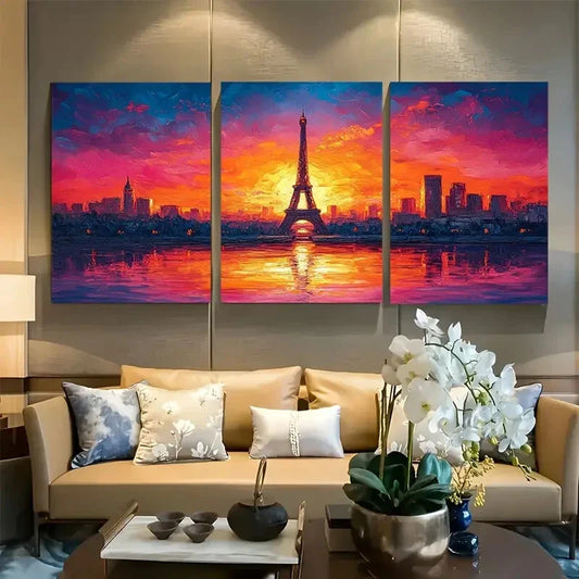 3pcs Eiffel Tower Sunset Paris Landscape Metal Print Ready to Hang Art