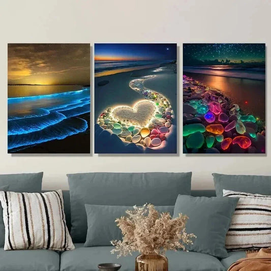 3pcs Vibrant Beach Scenes with Heart Accents Wall Art Set Canvas Framed 40x60cm - High Quality Print 100% Australian Made Wall Canvas Ready to Hang