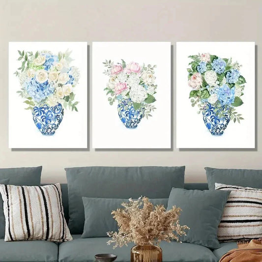 3pcs Watercolor Flowers, Chinese Style Ginger Jar Metal Print Ready to Hang Art