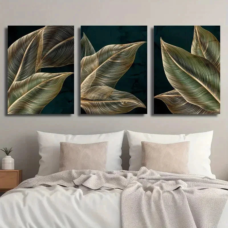 3pcs Modern Simple Stylish Golden Plant Leaf Metal Print Ready to Hang Art