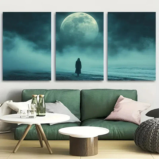 3pcs Ghostly Figure Full Moon & Foggy Night Scene Metal Print Ready to Hang Art