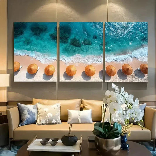 3pcs Beach Umbrella & Ocean Design Metal Print Ready to Hang Art