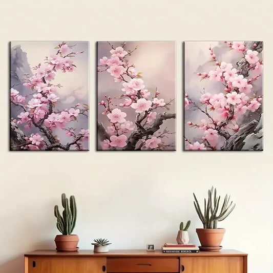 3pcs Featuring Delightful Pink Cherry Blossom Wall Art Set Canvas Framed 40x60cm - High Quality Print 100% Australian Made Wall Canvas Ready to Hang