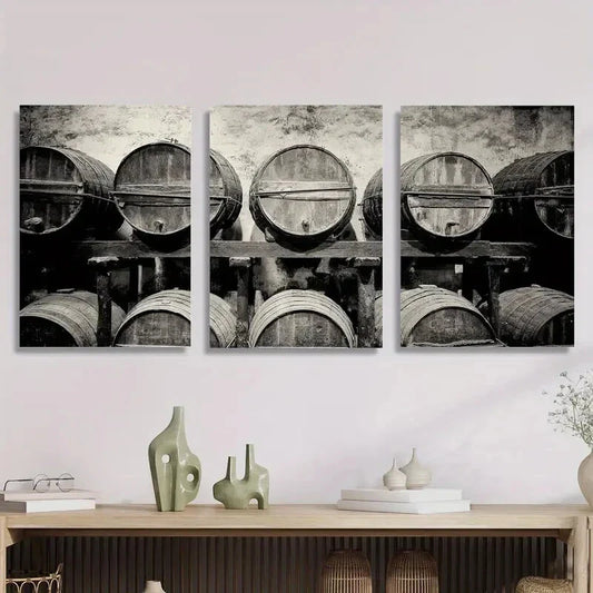 3pcs antique wine barrels stacked in a vintage wineMetal Print Ready to Hang Art