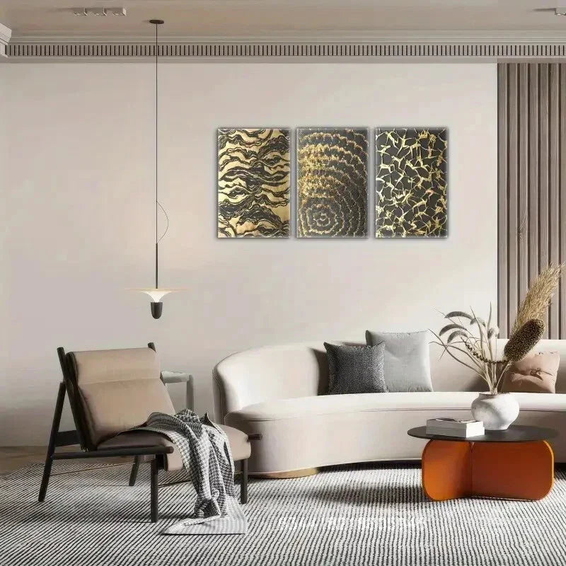 3pcs Golden Wave, Spiral, and Geometric Patterns Metal Print Ready to Hang Art