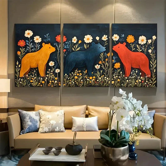 3pcs Three Bear in Garden Folk Metal Print Ready to Hang Art