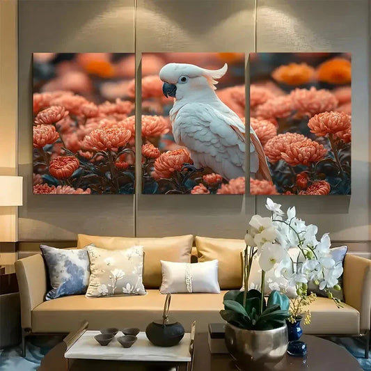 3pcs White Cockatoo Chrysanthemum Design Metal Print Ready to Hang Art