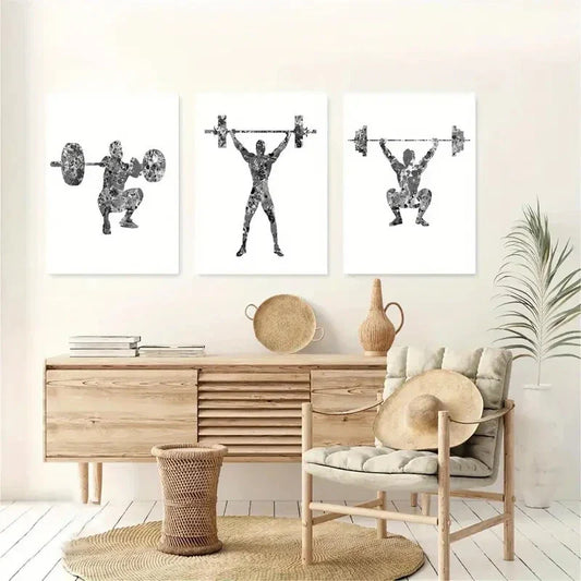 3pcs Black and White Male Weightlifter Power Sport Metal Print Ready to Hang Art