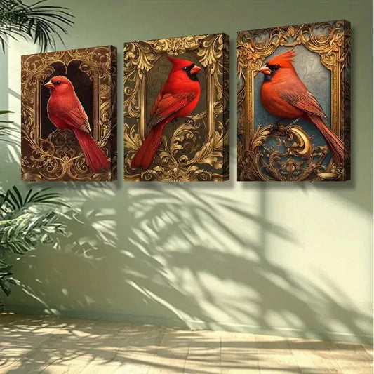 3pcs Red bird. Art Painting Wall Art Set Canvas Framed 40x60cm - High Quality Print 100% Australian Made Wall Canvas Ready to Hang