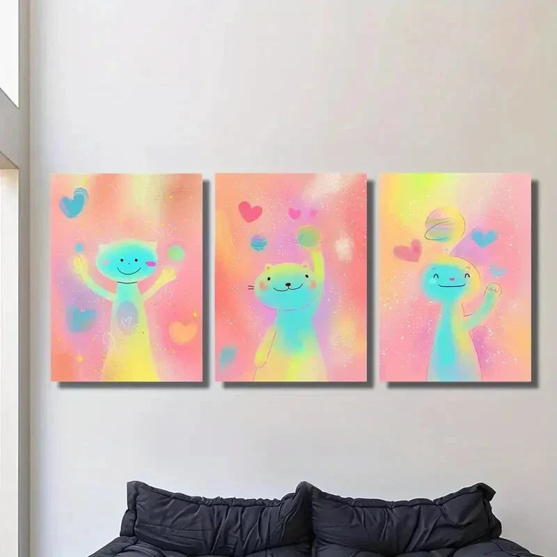 3pcs Cartoon cute pink spaceman, happy Metal Print Ready to Hang Art