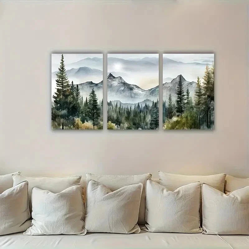 3pcs Mountain Landscape with Misty Pine Trees Metal Print Ready to Hang Art