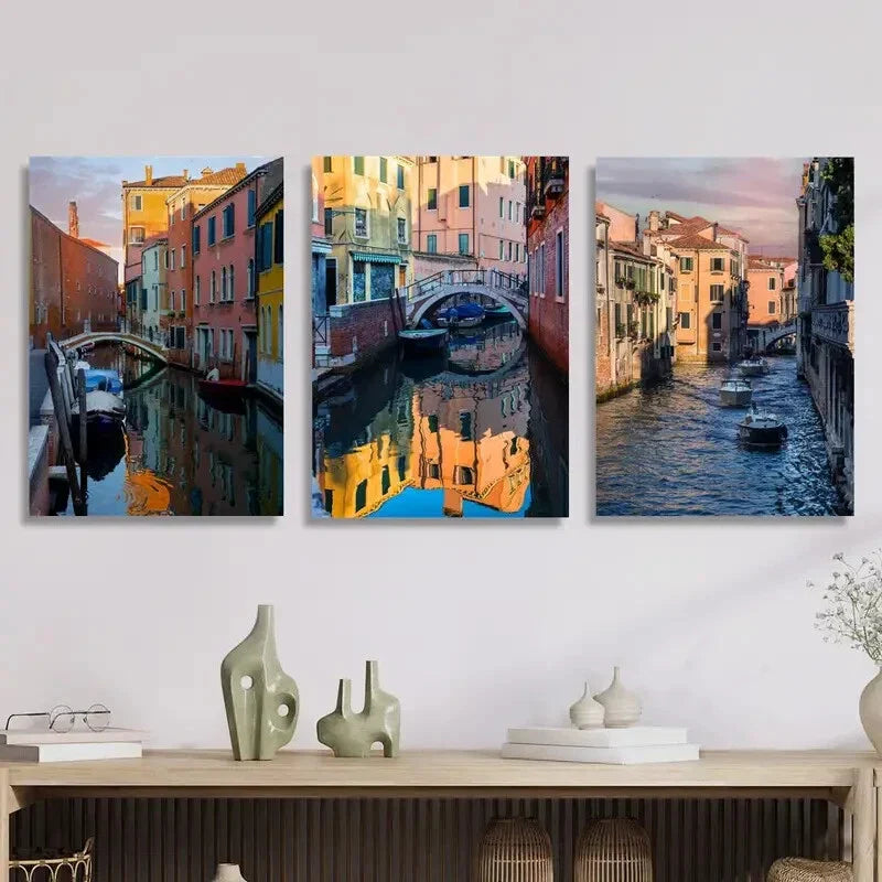 3pcs - Vibrant Italian Cityscape Buildings Boats Metal Print Ready to Hang Art