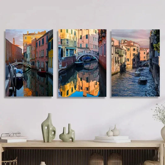 3pcs - Vibrant Italian Cityscape Buildings Boats Metal Print Ready to Hang Art