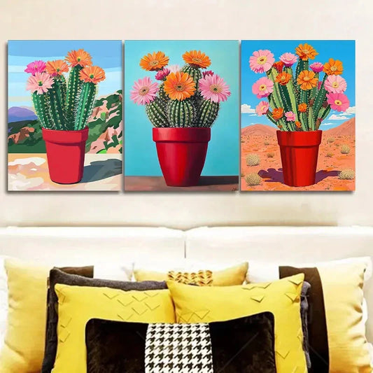 3pcs Cactus Plant Art Poster Blue Sky Wall Art Set Canvas Framed 40x60cm - High Quality Print 100% Australian Made Wall Canvas Ready to Hang