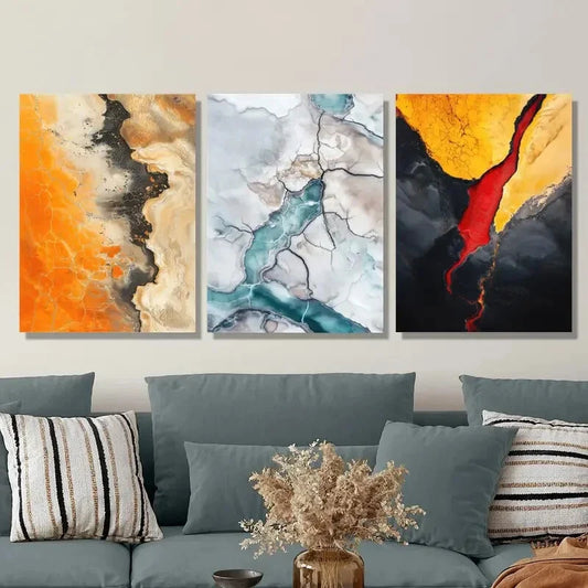 3pcs Marble Texture, Lava & Glacier Design Metal Print Ready to Hang Art