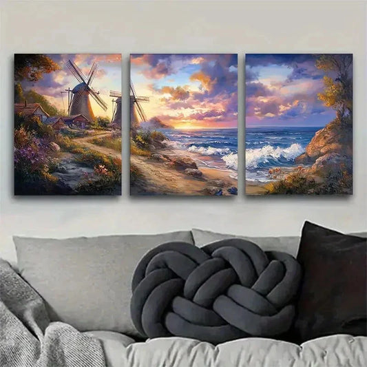 3pcs Dutch-Style Coastal Landscape with Windmills Metal Print Ready to Hang Art