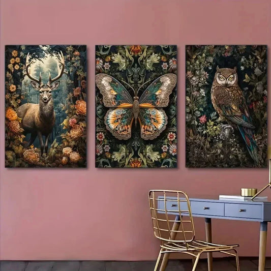 3pcs Deer Butterfly And Owl Animal Poster Metal Print Ready to Hang Art