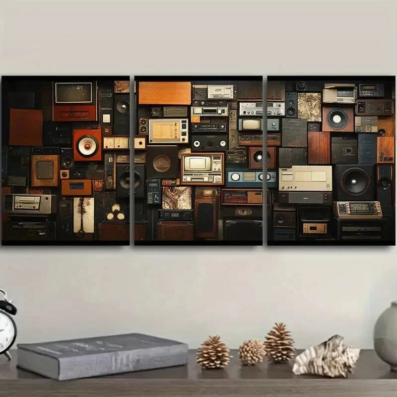 3pcs Featuring a Collage of Retro Audio Devices Wall Art Set Canvas Framed 40x60cm - High Quality Print 100% Australian Made Wall Canvas Ready to Hang