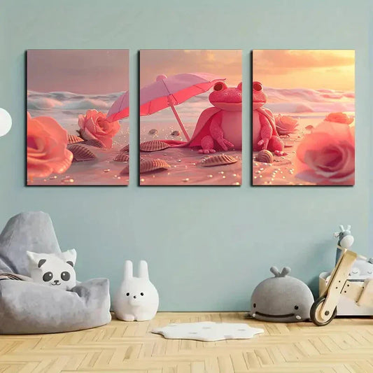 3pcs Peach Frogs Wearing Cloaks Metal Print Ready to Hang Art