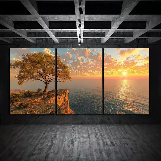 3pcs Sun Setting Over An Ocean with Trees Canvas Framed 40x60cm - High Quality Print 100% Australian Made Wall Canvas Ready to Hang