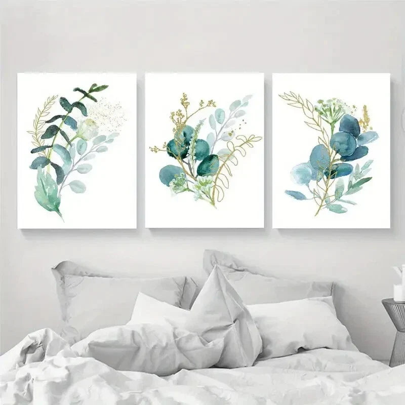 3pcs Golden and Blue Greenery Metal Print Ready to Hang Art
