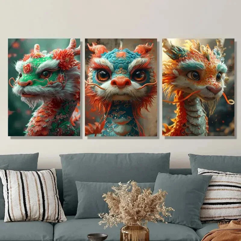 3pcs Oriental Mythical Dragon, Loong, Fantasy Metal Print Ready to Hang Art