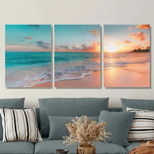 3pcs Sunrise Coast Beach Blue Sea Nordic Coast Metal Print Ready to Hang Art