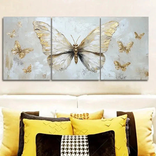 3pcs Butterfly oil painting in gold leaf Metal Print Ready to Hang Art