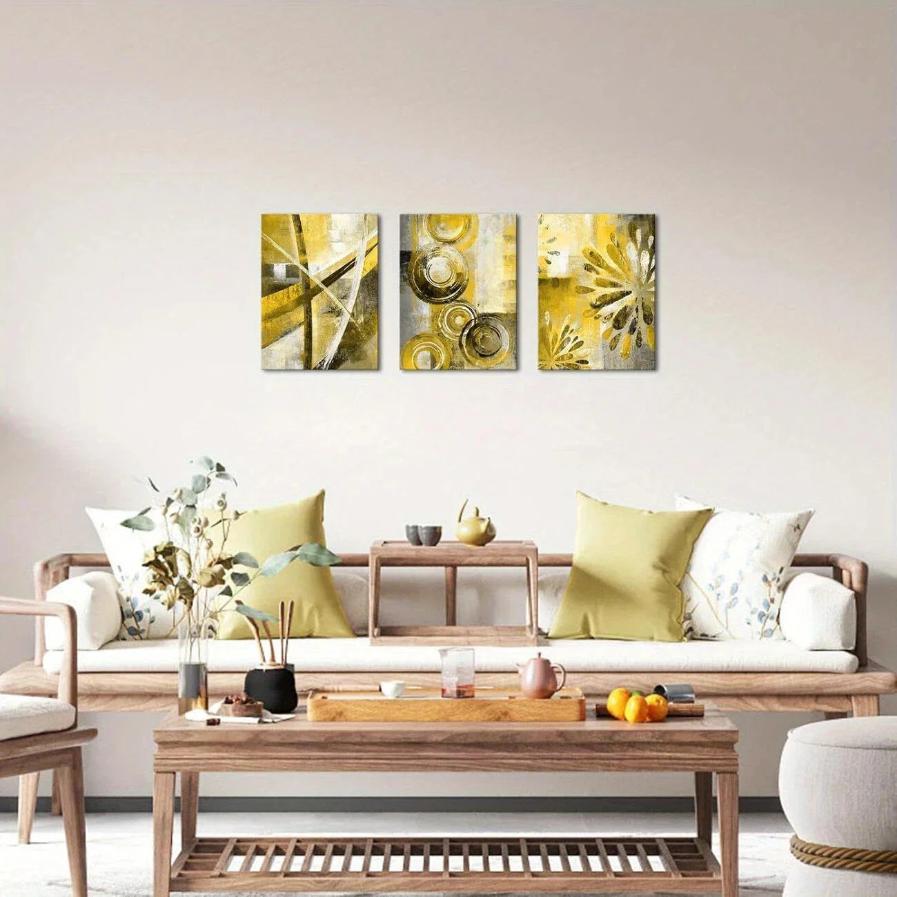 3pcs Yellow Abstract Flowers Modern Metal Print Ready to Hang Art