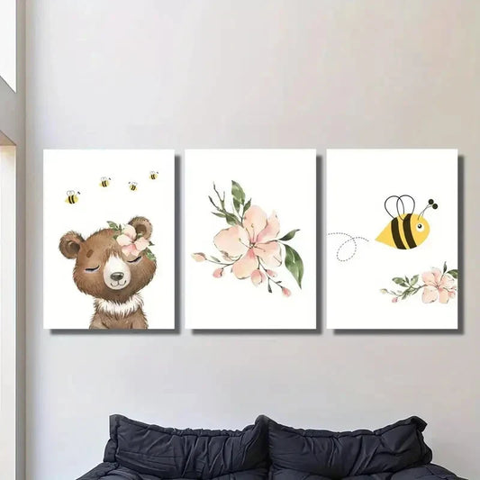 3pcs Featuring a Cartoon Bee And Bear Metal Print Ready to Hang Art
