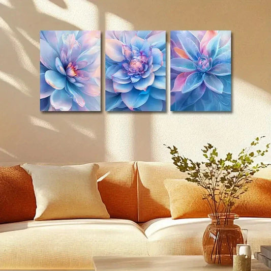 3pcs Luxurious Blue, Pink & Orange Flower Metal Print Ready to Hang Art