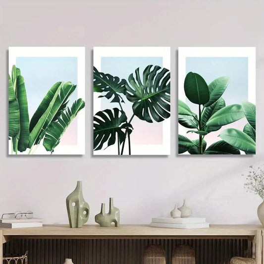3pcs Green Leaves Plant Art Poster, Tropical Metal Print Ready to Hang Art