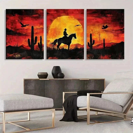 3pcs Western Cowboy Sunset Horse Rider Perfect Wall Art Set Canvas Framed 40x60cm - High Quality Print 100% Australian Made Wall Canvas Ready to Hang