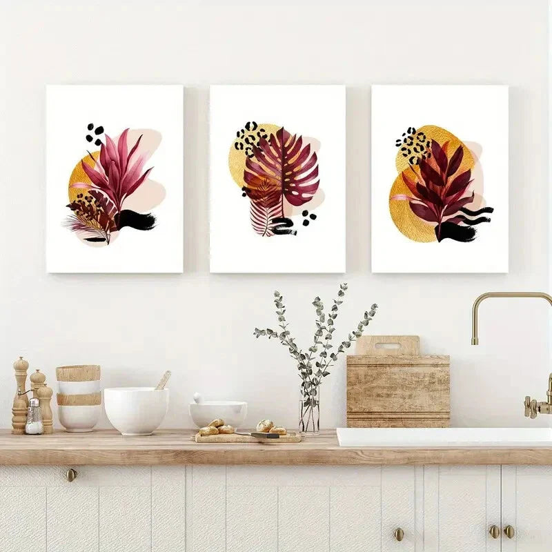 3pcs Golden Luxury Botanical Leaves Metal Print Ready to Hang Art