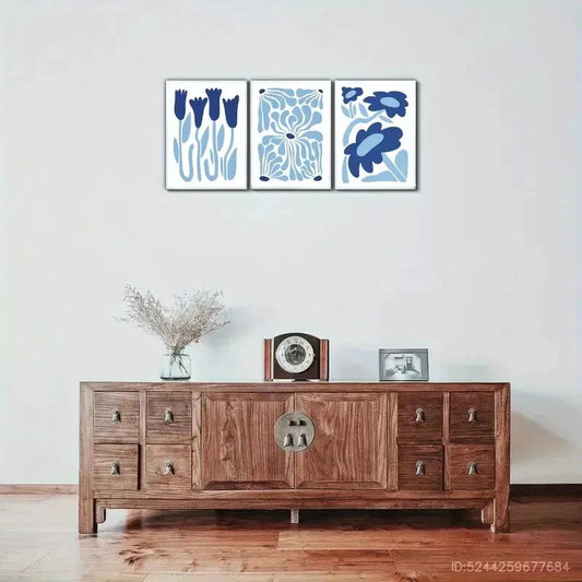3pcs Space Blue Flower Decoration Minimalist Metal Print Ready to Hang Art