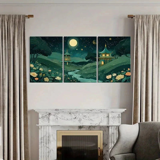 3pcs Lotus Flowers & Traditional Architecture Metal Print Ready to Hang Art