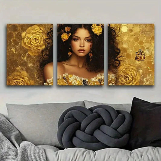3pcs Intricate Golden lace girl Metal Print Ready to Hang Art