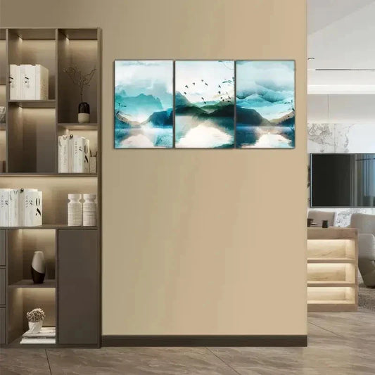 3pcs Distant Mountains & Birds Urban Living Art Metal Print Ready to Hang Art