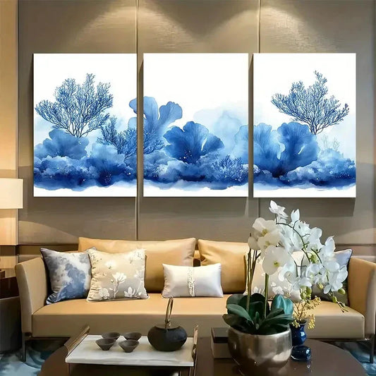 3pcs Blue Corals Watercolor Sea Life Design Metal Print Ready to Hang Art