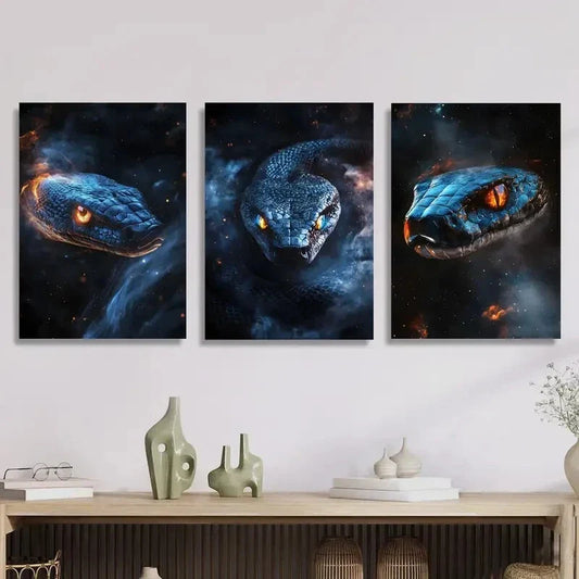 3pcs Fantasy Snakes with Neon Glow Metal Print Ready to Hang Art