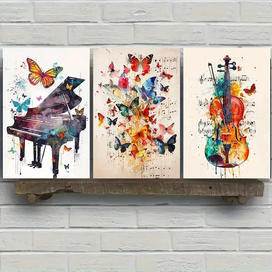 3pcs Butterfly Wings Piano Violin Canvas Framed 40x60cm - High Quality Print 100% Australian Made Wall Canvas Ready to Hang