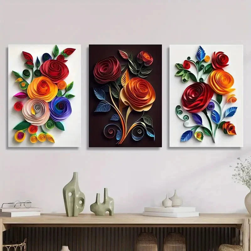 3pcs Colorful Rose & Leaf Designs, Metal Print Ready to Hang Art