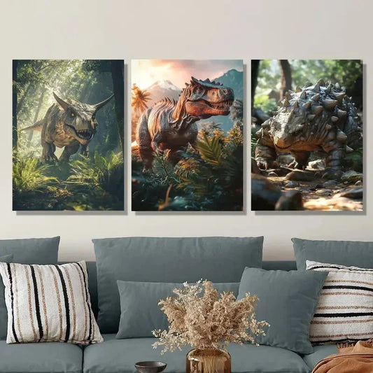 3pcs Dinosaur in the jungle, spiked monster Metal Print Ready to Hang Art